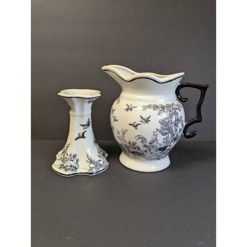 Vtg Dechang Taoci Black White Toile Pitcher Rooster Rabbit Bird & Candle Holder
